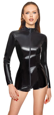 short women's jumpsuit, in plus sizes made of patent leather