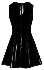 short women's dress, in plus sizes, made of patent leather with lace