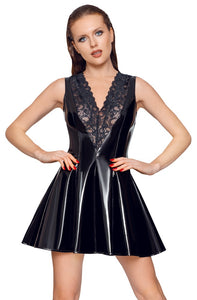 short women's dress, in plus sizes, made of patent leather with lace