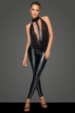 Wetlook women's jumpsuit with tulle top and choker by Noir Handmade MissBeHaved Collection