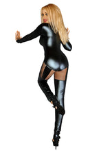 Laden Sie das Bild in den Galerie-Viewer, schwarzes Wetlook Damencatsuit, in Übergrößen - Weiblichkeit mit Stil