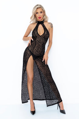 Langes Flock- Damenkleid im Leoparden-Look mit Schlitz F288